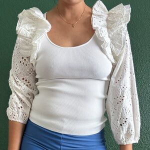 White Eyelet Ruffle Top and Blue Shorts